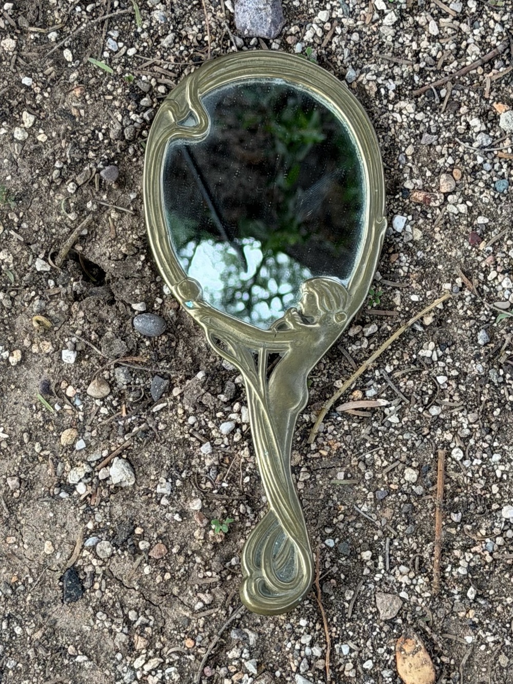 1900's France Brass Art Nouveau Hand Mirror Complete Naked Woman Flower